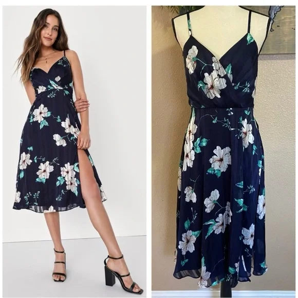 Lulus All About Love Navy Blue Floral Print Midi Dress Party Cocktail - XS - Picture 6 of 10